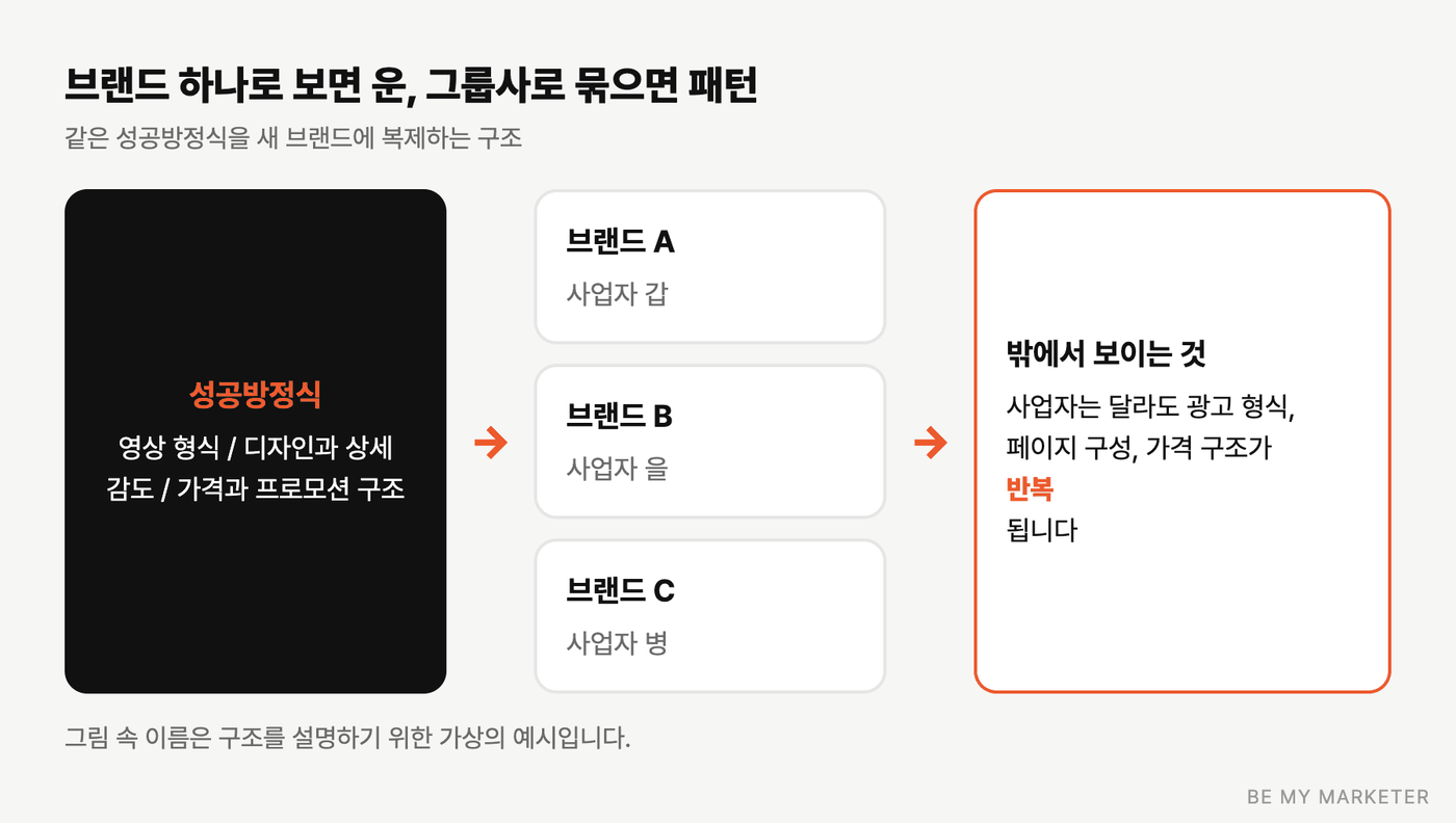 하나의 성공방정식이 여러 브랜드로 복제되는 구조 도식