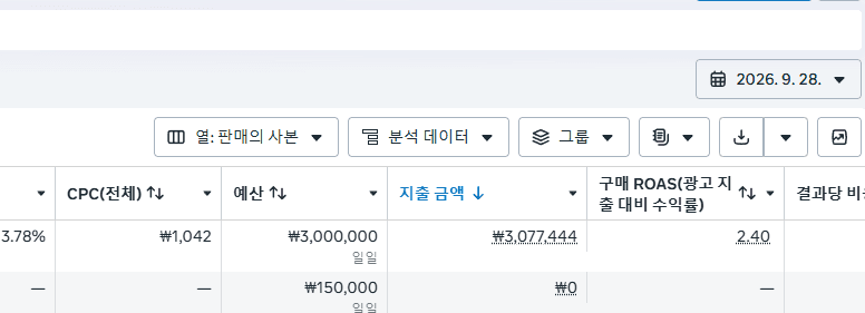 뷰티 카테고리 메타 광고 예산·ROAS 화면